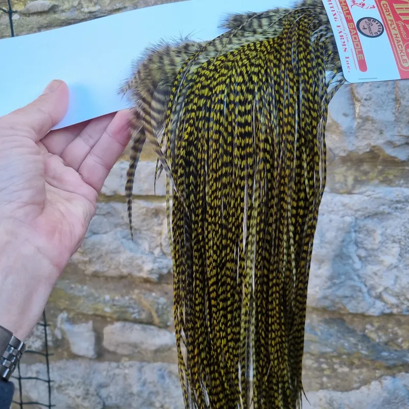 Whiting 1/2 BRONZE Grade Dry Fly Rooster Saddle in Grizzly Dyed Dark Olive-2